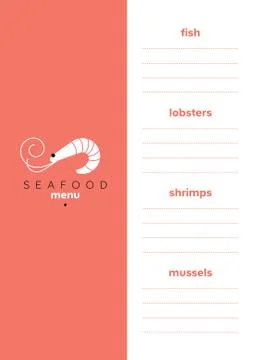 Seafood menu template. Shrimp logo Illustrazione stock