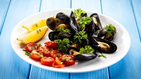 Seafood. Mussels. Stock Photos