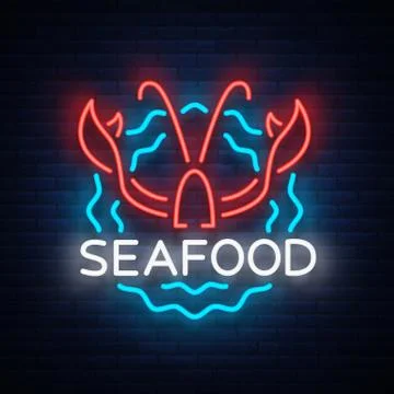 Seafood neon logo icon vector illustration. Lobster emblem, neon advertisement Stock Illustration