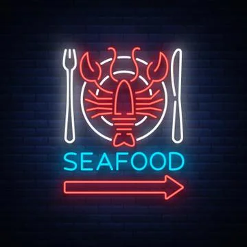 Seafood neon logo icon vector illustration. Lobster emblem, neon advertisement Stock Illustration
