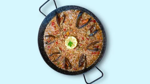 Seafood paella in the pan Stock Footage 283342116