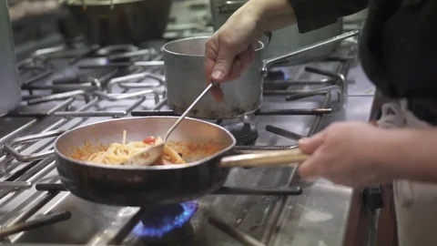 Seafood pasta cooked in a large pan Stock Footage 82254969