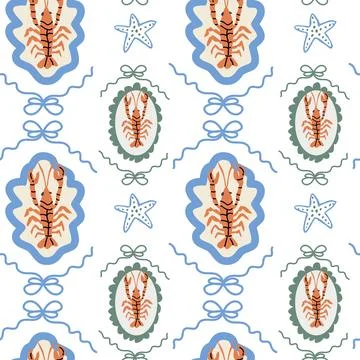 Seafood pattern with lobsters and starfish in nautical colors Stock Illustration