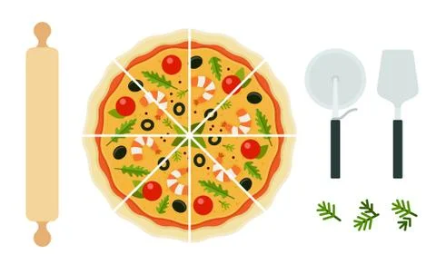 Seafood pizza with appliance vector flat isolated Illustrazione stock