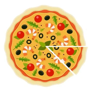 Seafood Pizza with a cut piece flat icon vector isolated Stock Illustration