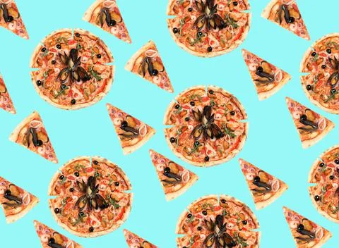 Seafood pizza pattern design on light blue background Stock Photos