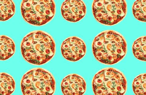 Seafood pizza pattern design on light blue background Stock Photos