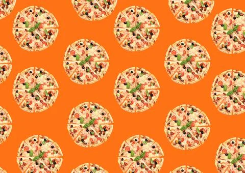Seafood pizza pattern design on orange background Stockfoto's