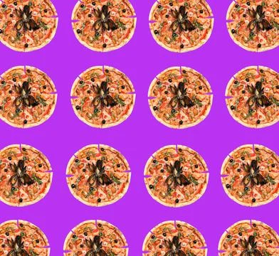 Seafood pizza pattern design on violet background 库存照片