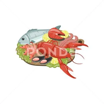 Seafood on plate, shrimp, lobster, shellfish, lobste,r oyster, mussel products Stock Illustration