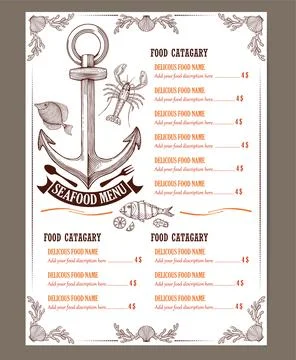 Seafood restaurant menu template design Stock Illustration