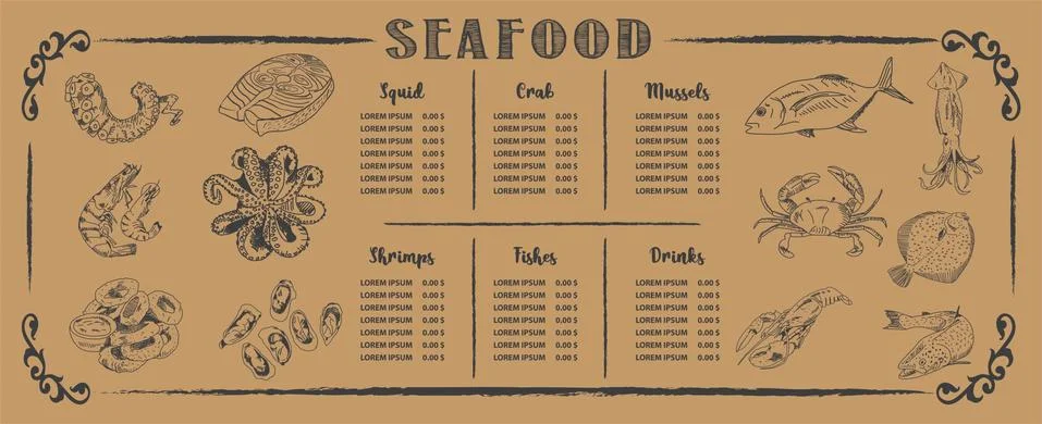 Seafood restaurant menu template. Vector. Stock Illustration