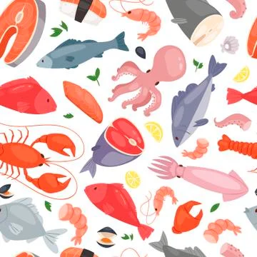 Seafood restaurant seamless pattern vector illustration. Fish salmon steak with Stock Illustration