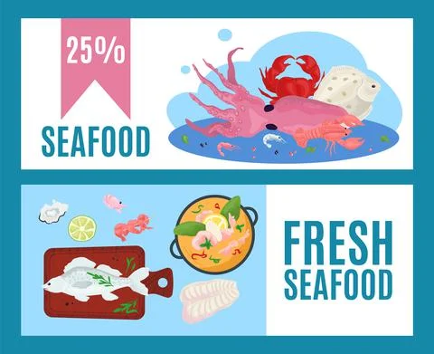 Seafood restaurant set, vector illustration. Sea ocean fish and food banner Stock Illustration