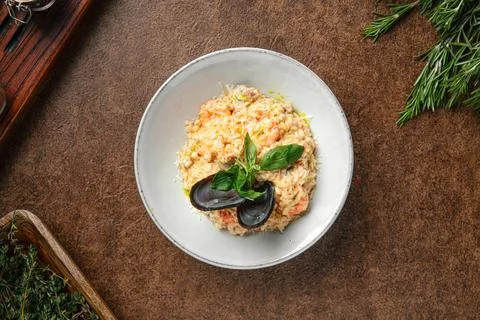 Seafood risotto with mussel shells Stock Photos