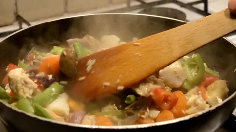 Seafood Risotto sizzling in pan Video stock 150232196