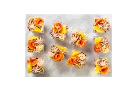 Seafood salads in a plastic boxes, catering food Stock Photos