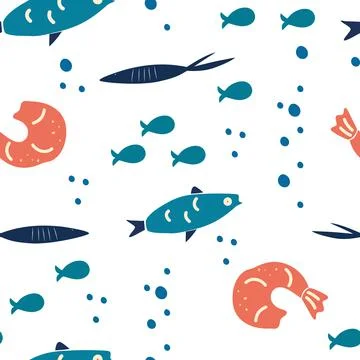 Seafood seamless pattern. Background with fish and shrimp. Underwater, sea li Stock Illustration