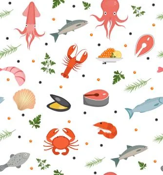 Seafood seamless pattern. Fish food endless background, texture. Underwater, sea Stock Illustration
