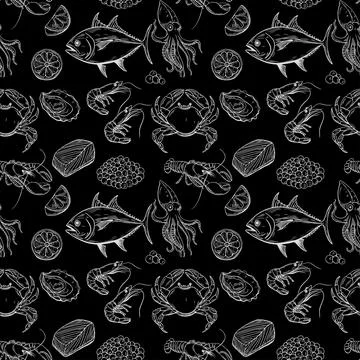 Seafood, seamless pattern. Linear chalk black and white vector pattern Stock Illustration