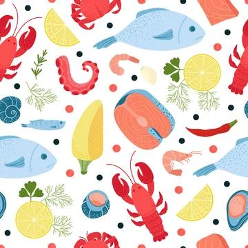 Seafood seamless pattern. Red black caviar, vegetable and fish. Flat cartoon Illustrazione stock