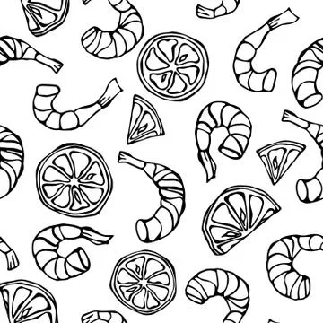 Seafood Seamless Pattern. Shrimp or Prawn and Lemon Background. Isolated On a Illustrazione stock