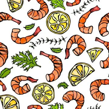 Seafood Seamless Pattern. Shrimp or Prawn, Herbs and Lemon. Isolated On a White Stock Illustration