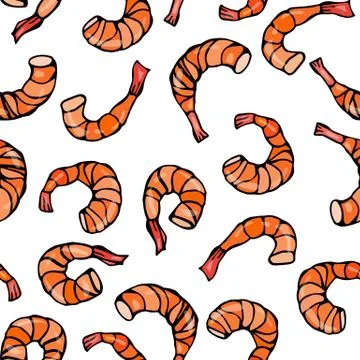 Seafood Seamless Pattern. Shrimp or Prawn. Isolated On a White Background Doodle Stock Illustration