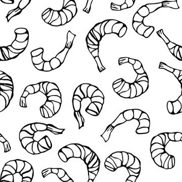 Seafood Seamless Pattern. Shrimp or Prawn. Isolated On a White Background Doodle Stock Illustration