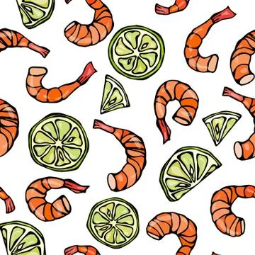 Seafood Seamless Pattern. Shrimp or Prawn and Lime. Isolated On a White Stock Illustration