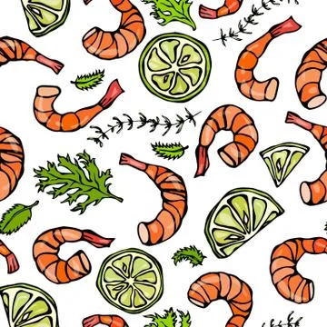 Seafood Seamless Pattern. Shrimp or Prawn, Herbs and Lime. Isolated On a White Stock Illustration
