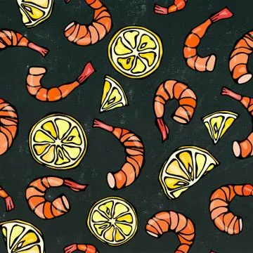 Seafood Seamless Pattern. Shrimp or Prawn and Lemon on Chalkboard Background Stock Illustration