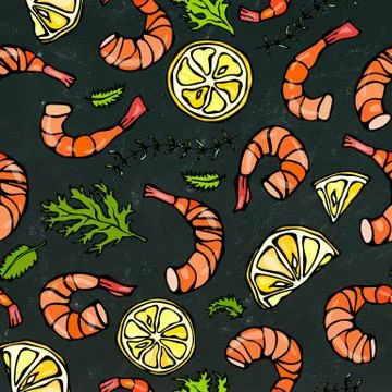 Seafood Seamless Pattern. Shrimp or Prawn, Herbs and Lemon on Chalkboard Stock Illustration