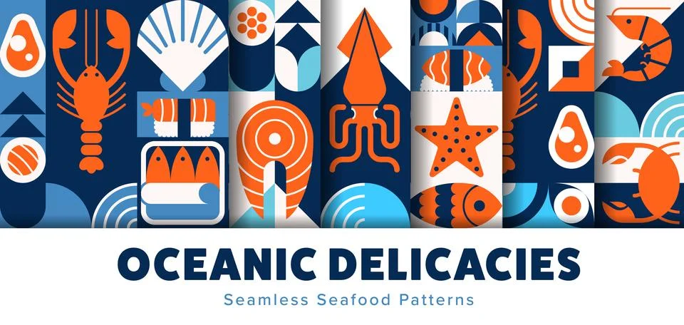Seafood seamless patterns, geometric background Stock Illustration