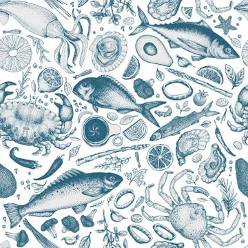 Seafood seamless vector pattern. Can be use for restaurants menu, packaging Stock Illustration