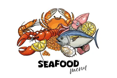 Seafood, set menu. Line drawing vector, Hand drawn food. oyster, lobster, l.. Stock Illustration