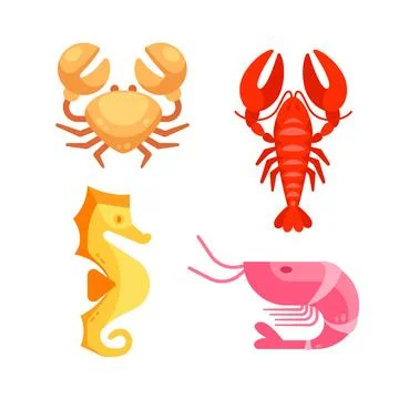 Seafood set. Sea creatures, including crab, shrimp and lobster. Illustrazione stock