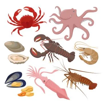 Seafood set of vector illustrations in flat design isolated on white background Stock Illustration