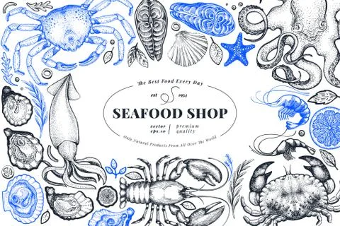 Seafood shop hand drawn vector banner template. Retro style Stock Illustration