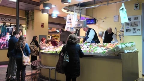 Seafood stall inside Mercado de la Encarnación in Seville, Spain. Stock Footage 296442388