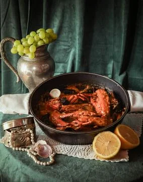 Seafood Stew in Pan with Grapes and Lemon on Table Stockfoto's