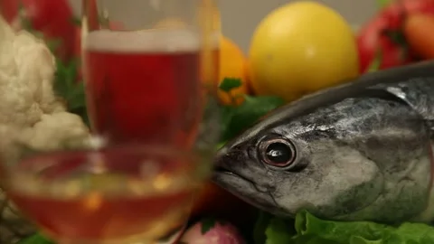 Seafood Surrounded By Vegetables And Refreshing Drinks Stock Footage 343737689