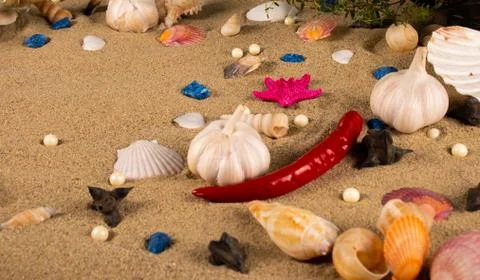 Seafood themed table setting background, no plate and space for copy text Foto stock