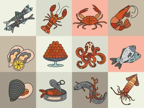 Seafood thin line vector icons set Stock-Illustration