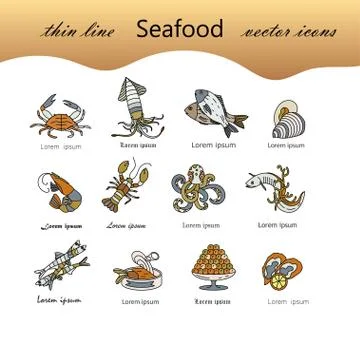 Seafood thin line vector icons set Stock Illustration