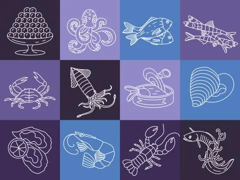 Seafood thin line vector icons set Stock Illustration