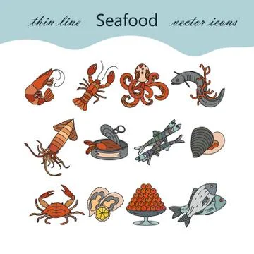 Seafood thin line vector icons set Stock Illustration