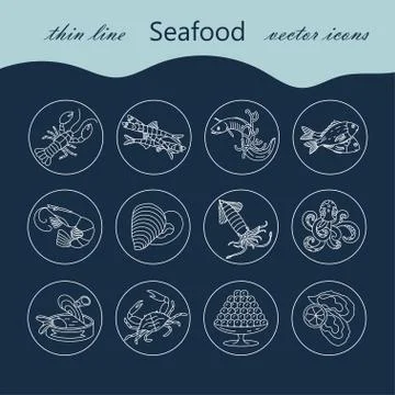 Seafood thin line vector icons set Stock Illustration