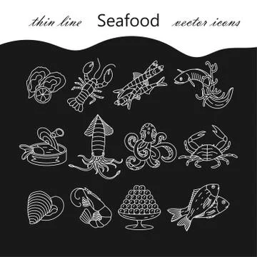 Seafood thin line vector icons set Stock-Illustration