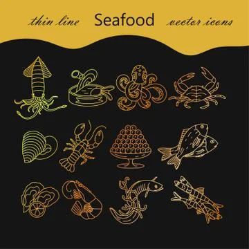 Seafood thin line vector icons set Stock Illustration